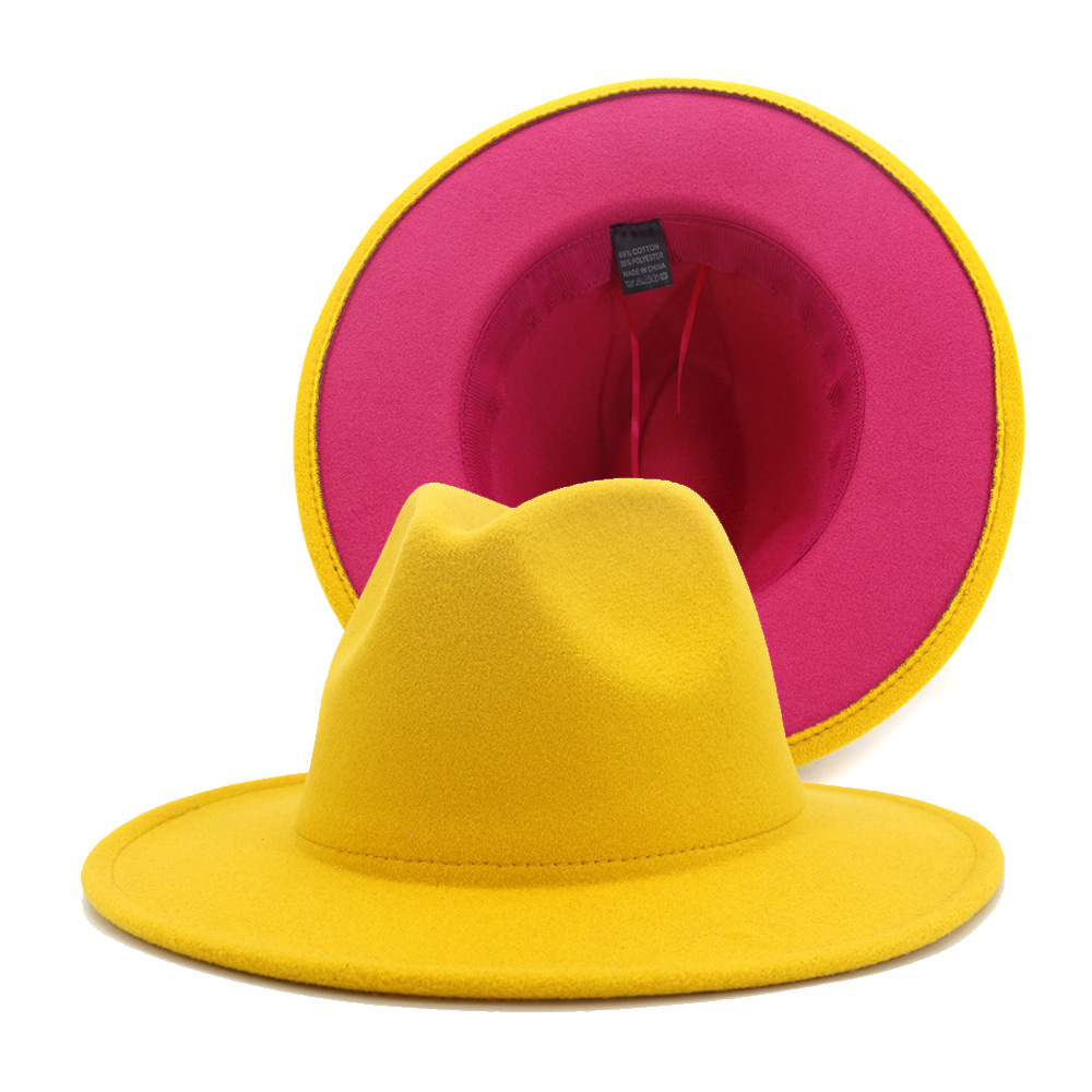 Outer Yellow Inner Hot Pink Patchwork Jazz Felt Hat Women Men Wide Brim Panama Fedora Hats with Felt Band Trilby Cap, Blue;gray
Outer Yellow Inner Hot Pink Patchwork Jazz Felt Hat Women Men Wide Brim Panama Fedora Hats with Felt Band Trilby Cap, Blue;gray