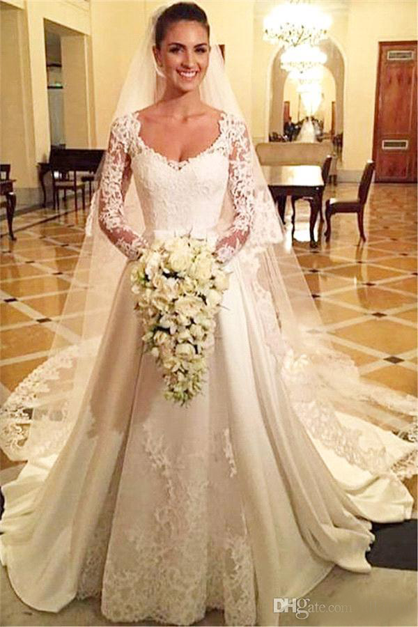 Vintage 2020 New Arrival Wedding Dresses Robe de marriage V Neck Lace Applique Long Sleeves Sweep Train Wedding Dress Bridal Gowns