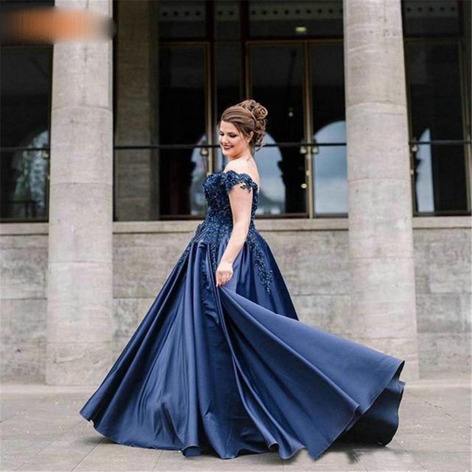 Country Dark Navy Ball Gown Dresses Off Shoulder Appliques Beaded Satin Formal Prom Dress Evening Party Gowns B70 0510
