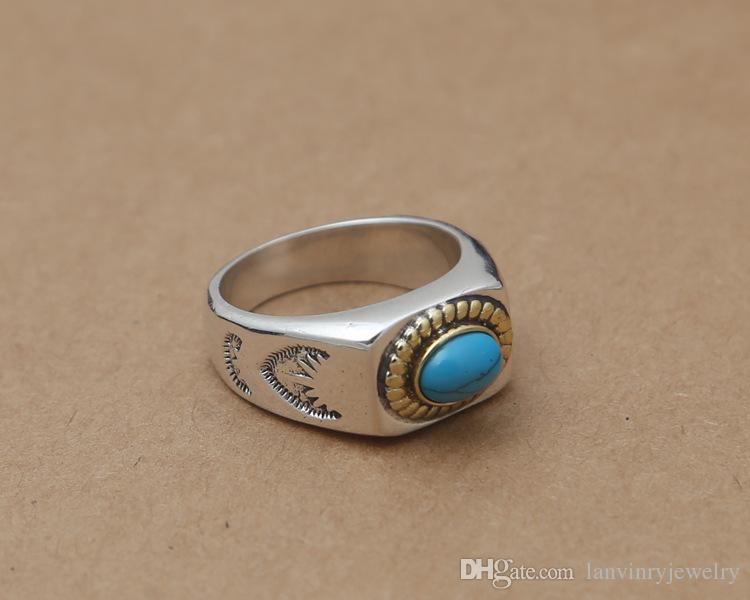 Brand New 925 sterling silver fashion jewelry vintage American European style designer mens rings with semi precious turq stone gift