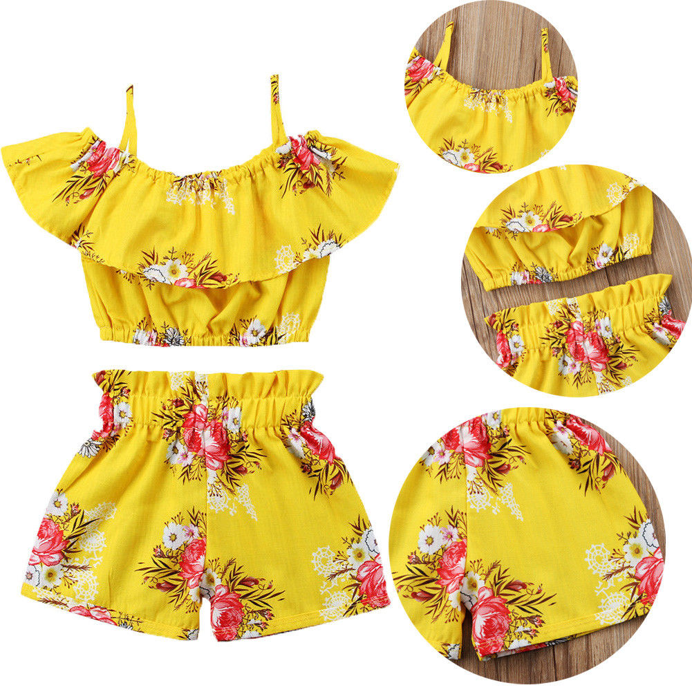 2Pcs Toddler Baby Girl Summer Clothes Set Kids Girls Sleeveless Sunsuit Floral Ruffles Blouse Top Vest Shorts Pants Clothing Set