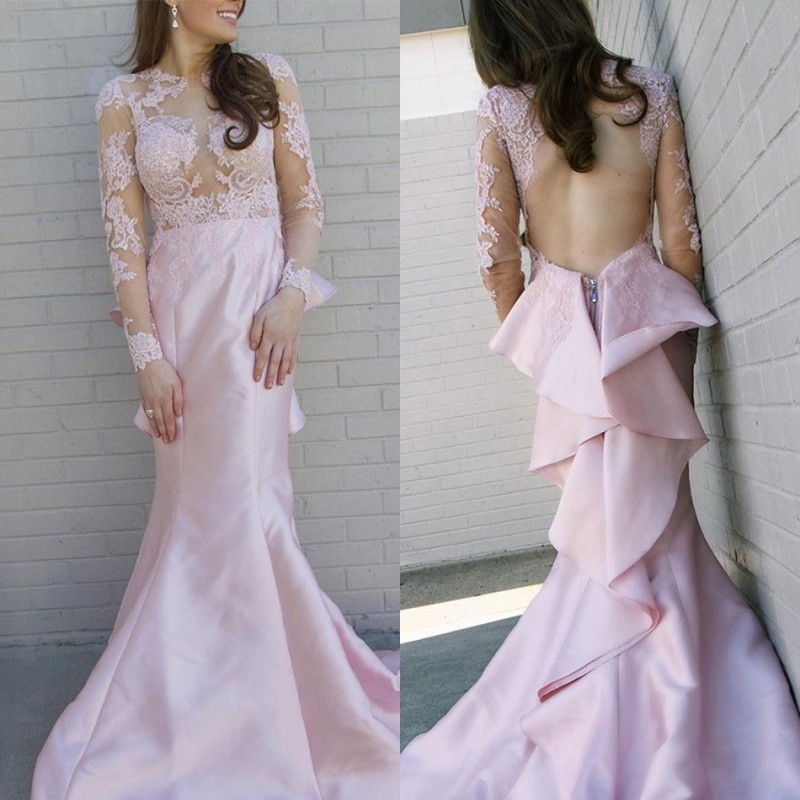 Pink Long Sleeve Satin Mermaid Prom Dresses 2019 Vintage Lace Appliqued Party Dress Tiered Ruffles Back Evening Gowns Wear