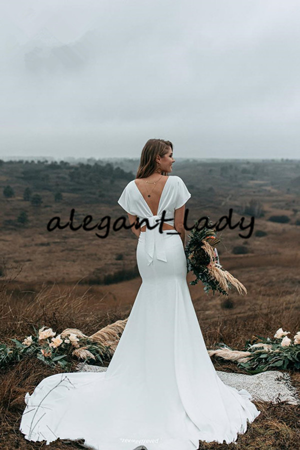 Silk Crepe Boho Wedding Dresses 2021 Modern Jewel Neck Bow With Strap Back Mermaid Country Bride Reception Second Wedding Gown