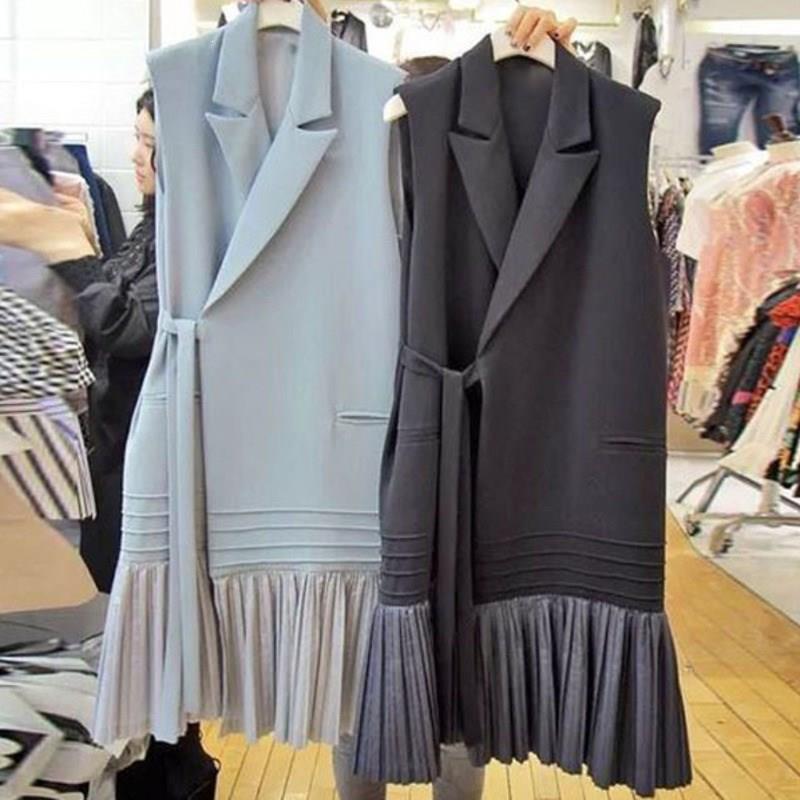 Sleeveless Pleated Shirt Vest Female Korean Fashion Clothing Ruffled Stitching Jacket 2019 Fall New Notched Vest, Black 
Sleeveless Pleated Shirt Vest Female Korean Fashion Clothing Ruffled Stitching Jacket 2019 Fall New Notched Vest, Black