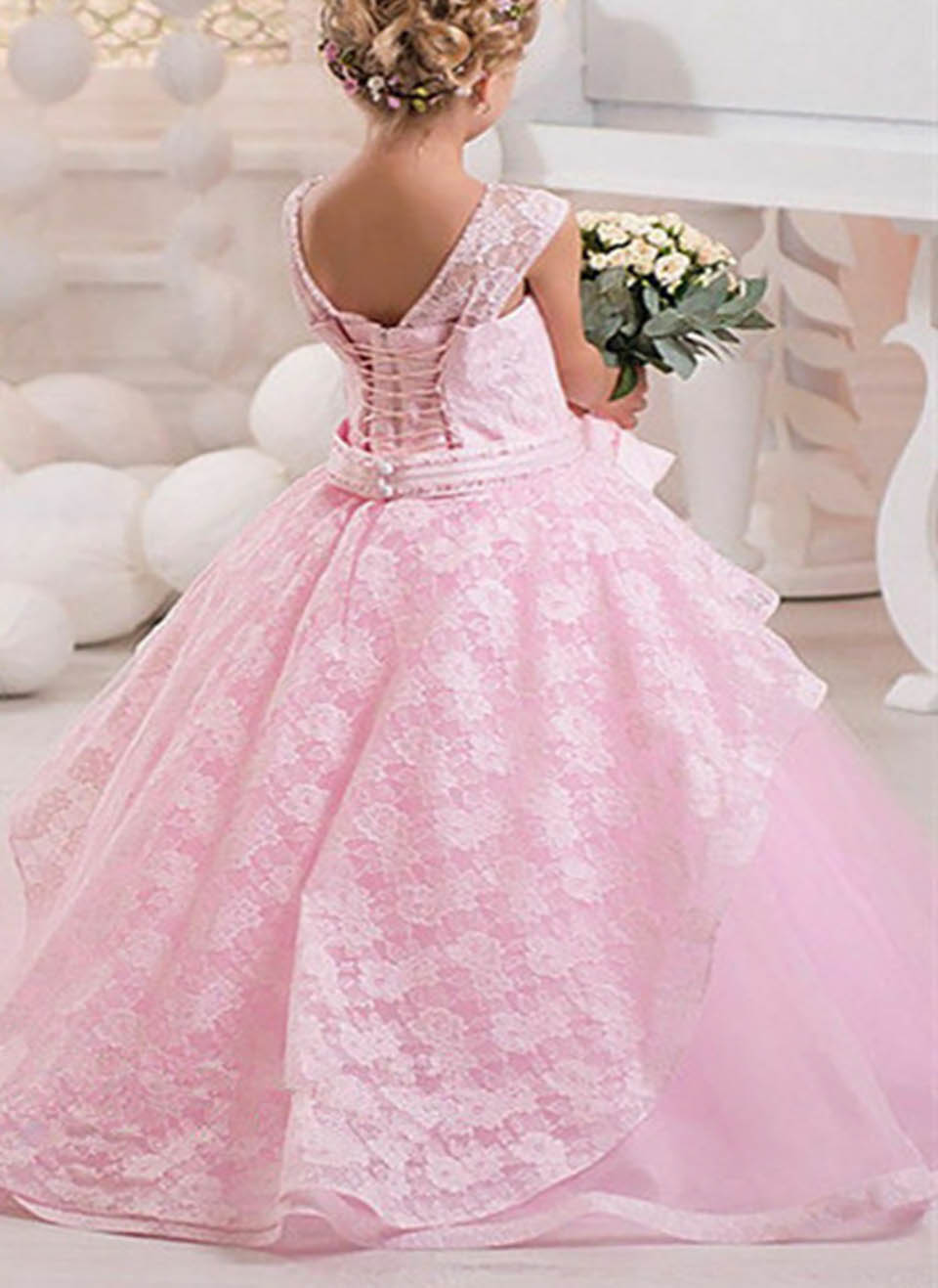 fashion Pink Lace applique Flower Girl Dresses sleeveless floor Length Girls Pageant First Communion Wedding Party Dress