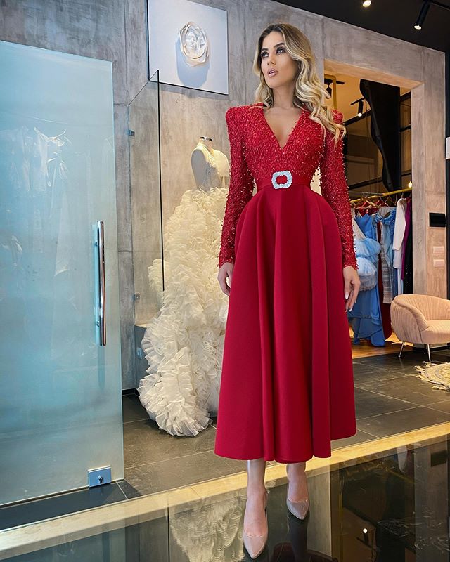 Red Prom Dresses With Belt V Neck Long Sleeve Ruffles Beads Appliques Formal Evening Dress African Party Pageant Gowns