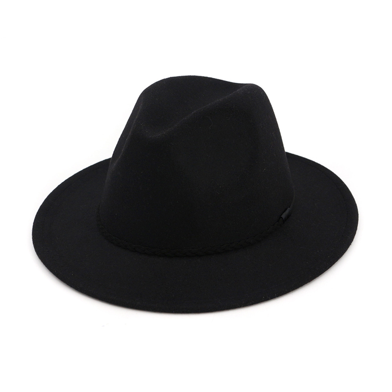 Fashion-Ladies Wool Felt Mens Fedora Trilby Hat Fashion Simply Braided Rope Decorated Panama Flat Brim Jazz Formal Hats