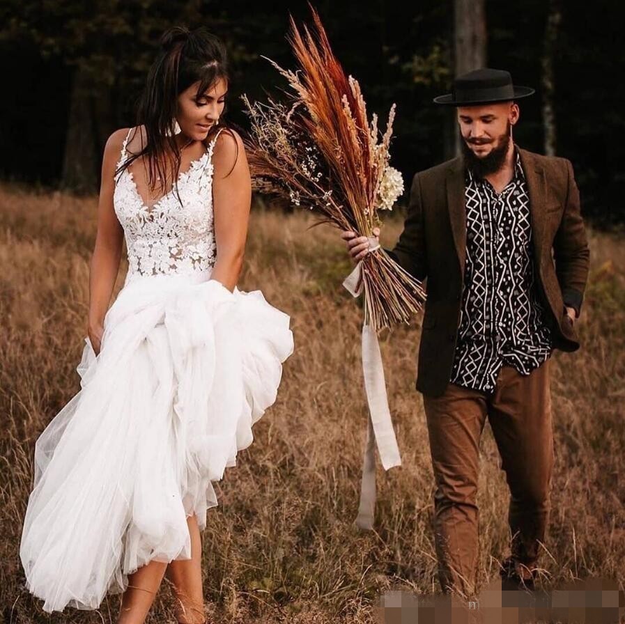 High Boho Low Dresses Tiered Tulle Skirt Spaghetti Straps Lace Applique Plus Size Country Wedding Gown Vestido De Novia 6660306