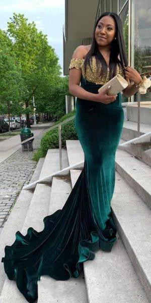 Elegant Prom Green Veet Gold Lace Top Evening Dresses Off Shoulder Mermaid Pageant Party Gowns 0510