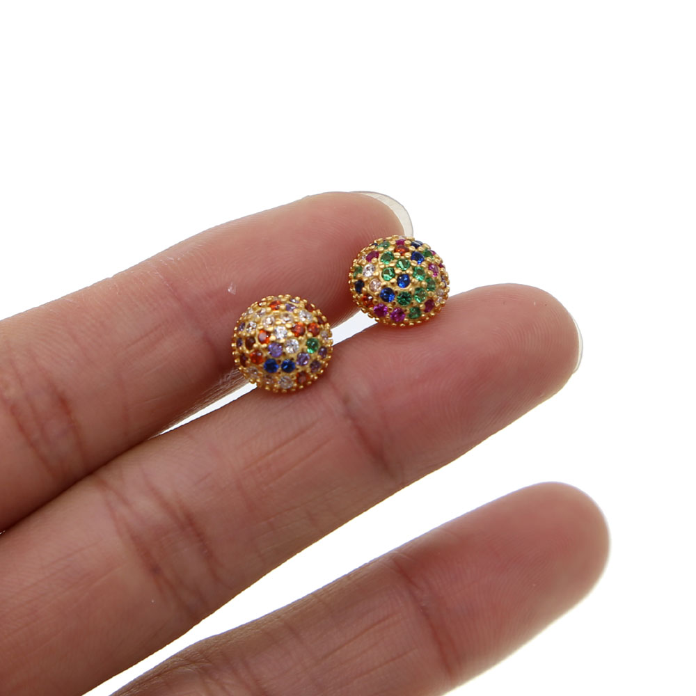 Half round ball stud earring micro pave rainbow colorful cubic zirconia Gold plated 925 sterling silver studs for girl