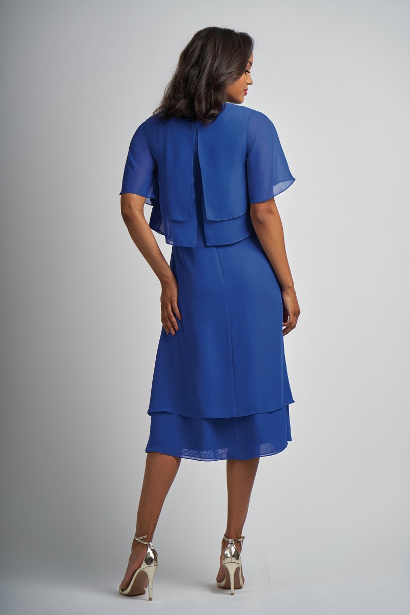 Blue A Line Jasmine Mother of The Bride Dress Jewel Neck Short Sleeve Chiffon Tiers Wedding Guest Dresss Knee Length Evening Gown