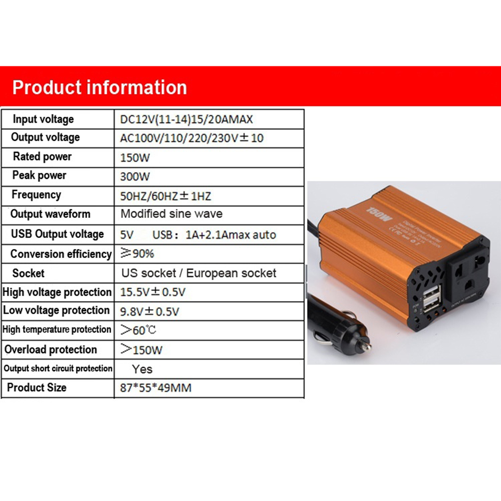 150W Car Power Inverter inversor DC 12V To AC 110V/220V 2.1A Dual USB Ports Car Charger Adapter