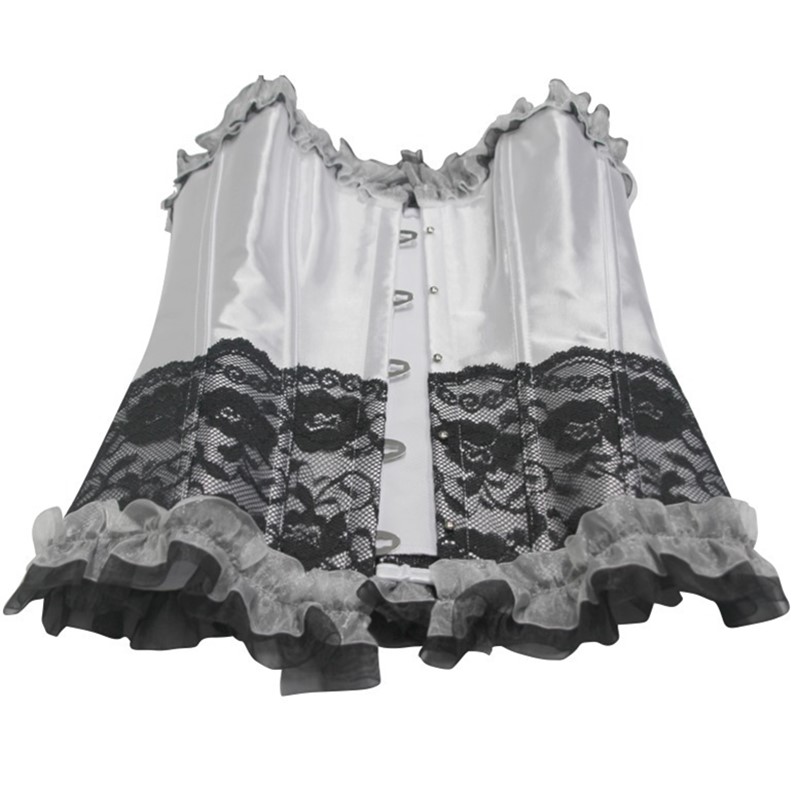 Women 3pcs Set Bundle Sale Burlesque Corset Dress with Sheer Floral Lace Blouse and Hi-lo Long Skirt Plus a Ruffle Hem Overbust Corset