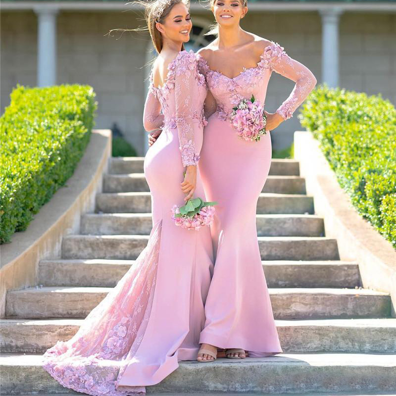Vintage Arabic Long Sleeve Mermaid Bridesmaids Dresses Appliques 3D Flowers Long Maid of Honor Gown Evening Prom Dress Cheap