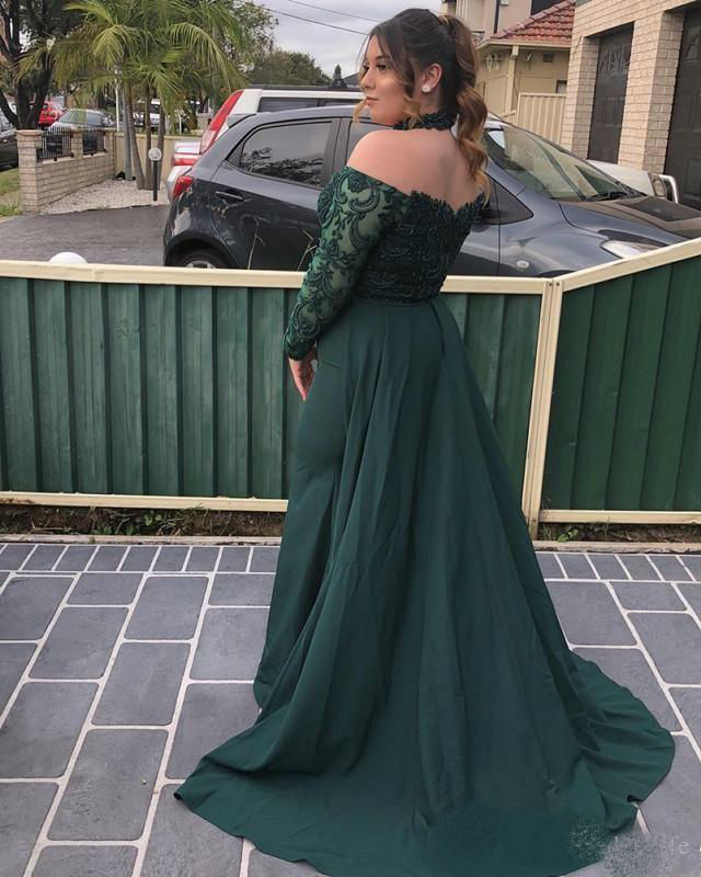 Hunter Green Mermaid Prom Dresses 2019 Off Shoulder Long Sleeve Plus Size Evening Dress with Detachable Train Lace Formal Party Gowns