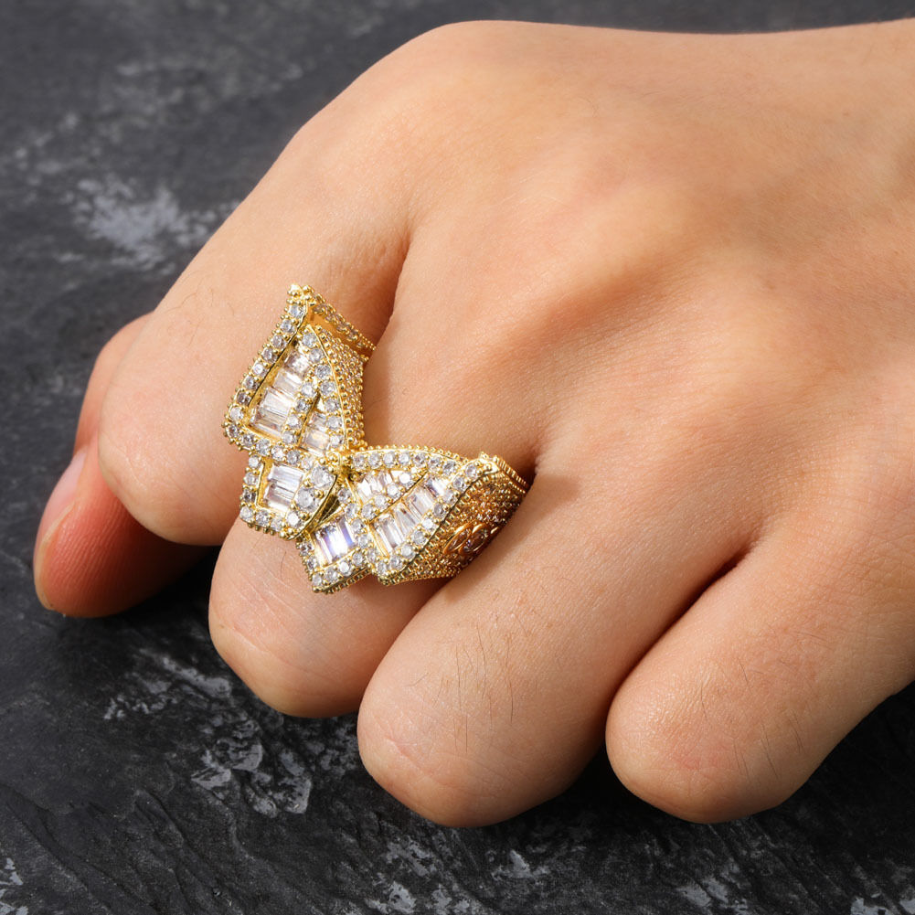 Hip Hop Casting Butterfly Rings Bling 18k Real Gold Plated Cubic Zircon Diamond Finger Ring Jewelry