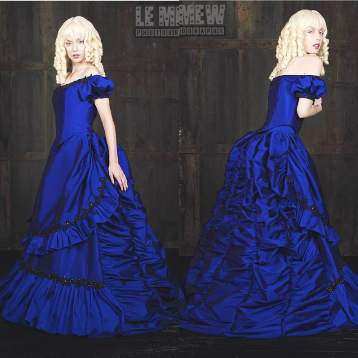 Vintage Gothic Wedding Dresses Off The Shoulder Lace Appliques A Line Country Bridal Gowns Sweep Train Short Sleeve Blue Wedding Dress