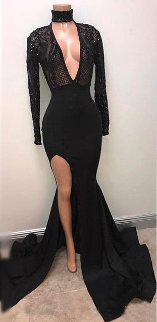Sexy Prom Dresses Mermaid Split Black Sexy Long-Sleeve Deep V-Neck Sparkly Evening Party Dresses Celebrity Gowns