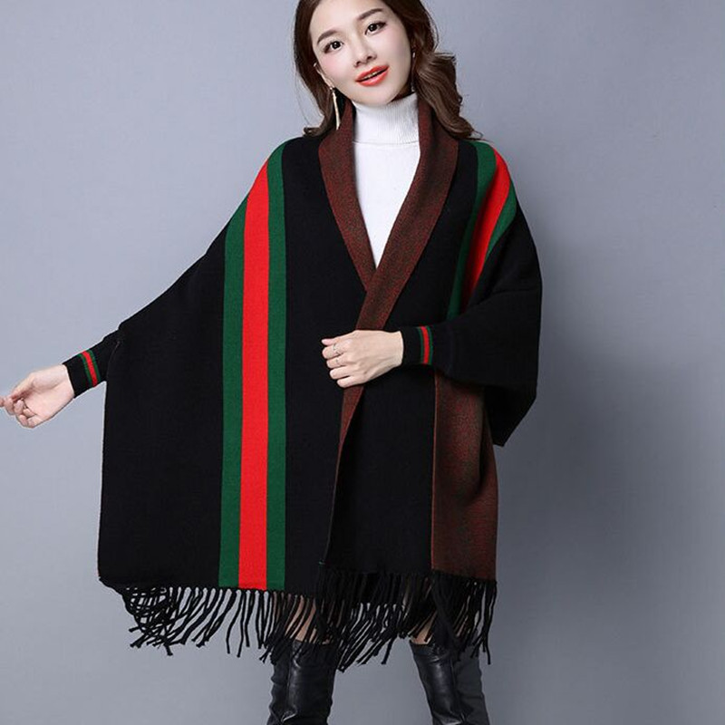 Danjeaner Winter Cashmere Tassel Wraps Classic England Style Striped Knitted Sweaters Women Batwing Sleeve Streetwear Cardigans LY191217