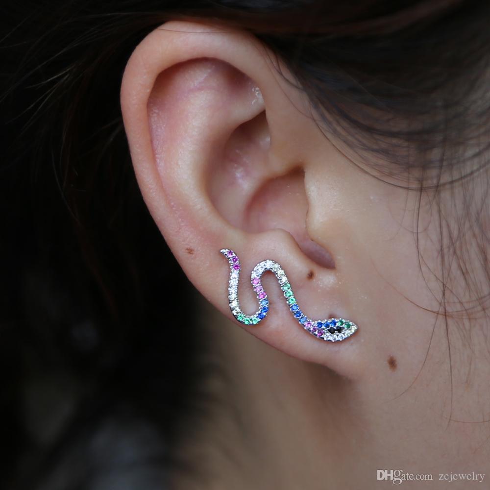 2018 New european jewelry earring for lady girl colorful micro pave cubic zirconia rainbow ear climber snake shaped fashion CZ earrings