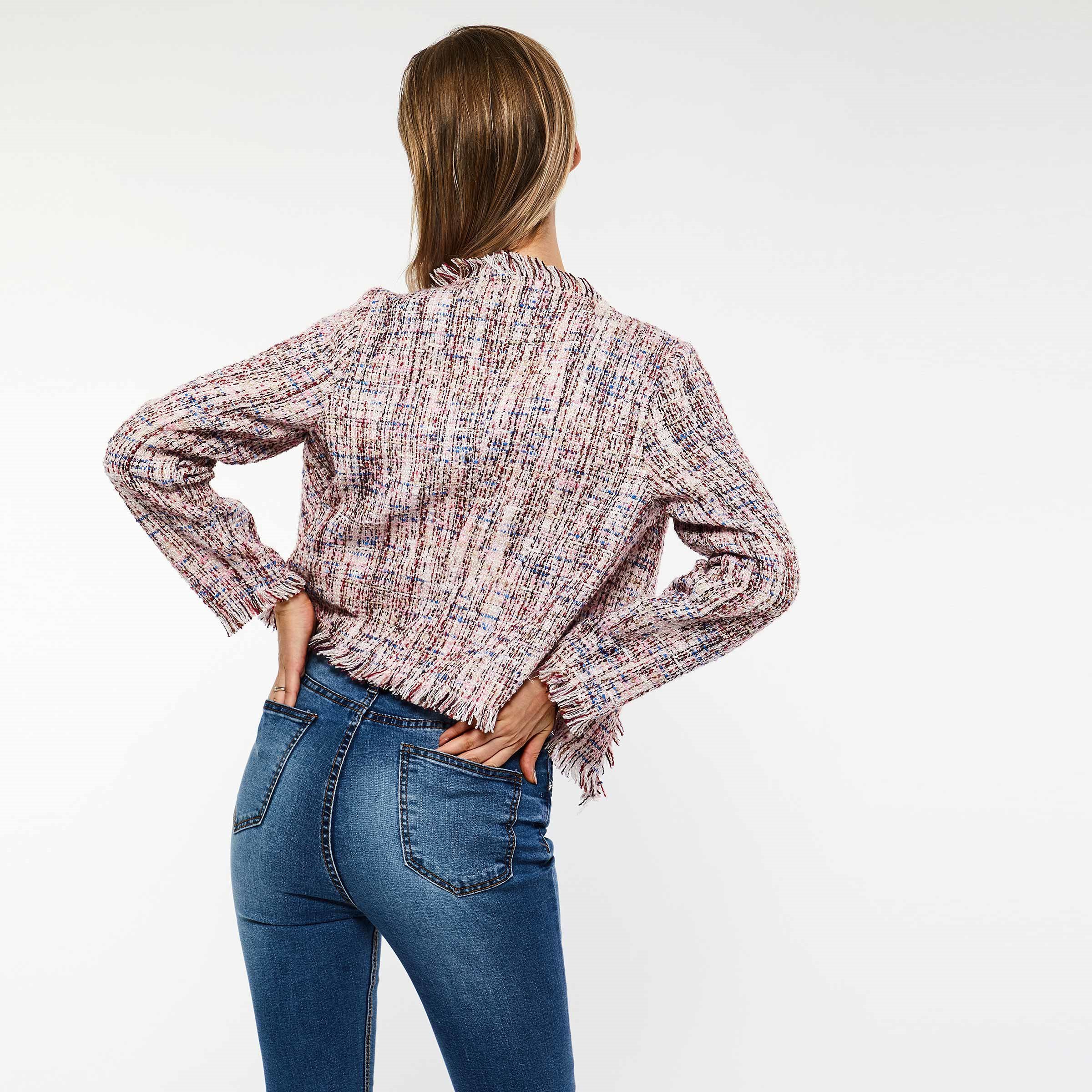 Women Vintage Spring Sweet Pink Tweed Short Jacket Coat Office Lady Work Retro Boho Tassel Slim Outerwear Jackets Coats C19041501