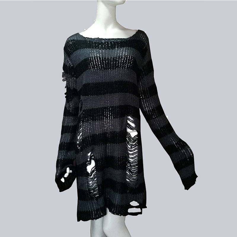 Plus Size Punk Gothic Long Unisex Sweater Dress Women Man Striped Cool Hollow Out Hole Broken Jumper Loose Rock Thin Sweter 2020 T200101