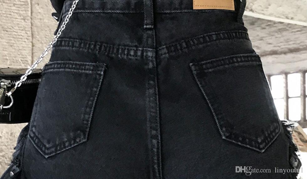2020 Rivet beading denim shorts female high waist hollow cut hole denim shorts with strap street style hot shorts