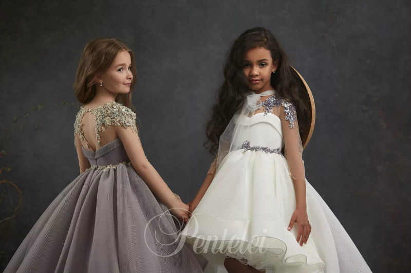 Lovely A Line Flower Girl Dresses Jewel Long Sleeve Hollow Lace Applique Pearls Pageant Dress High Low Girl's Birthday Party 0508