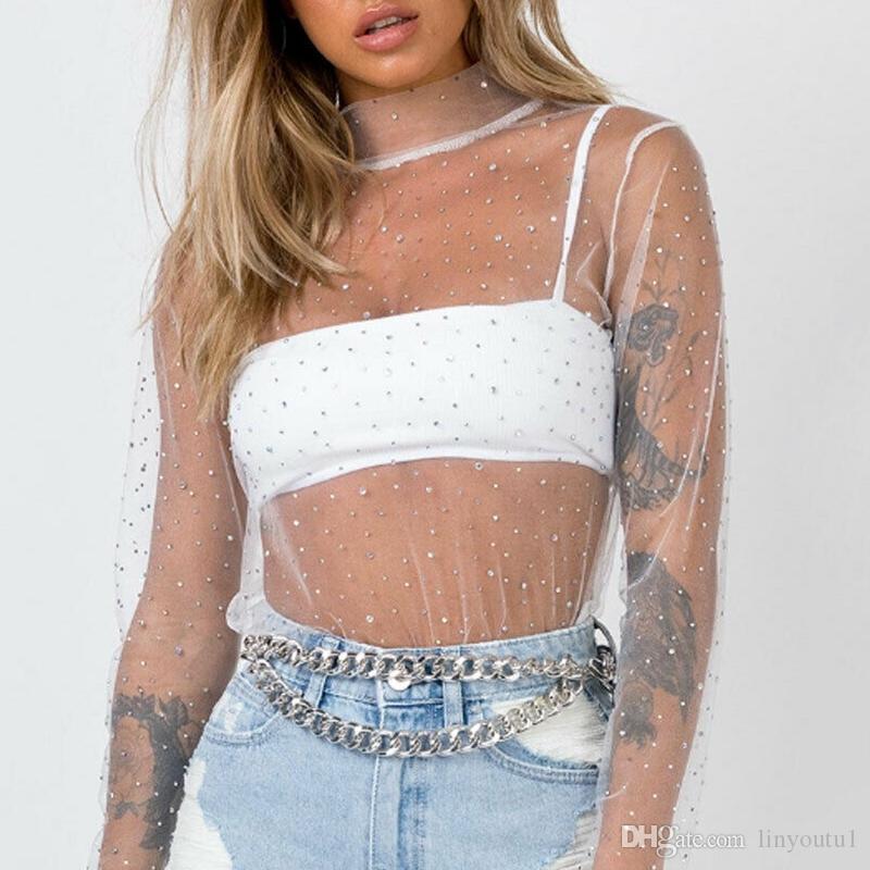 2020 Sexy Women Sheer Mesh Transparent Blouse Long Sleeve Mesh Nightclub Clothing Tops See-through Shirt Blouses T-shirt