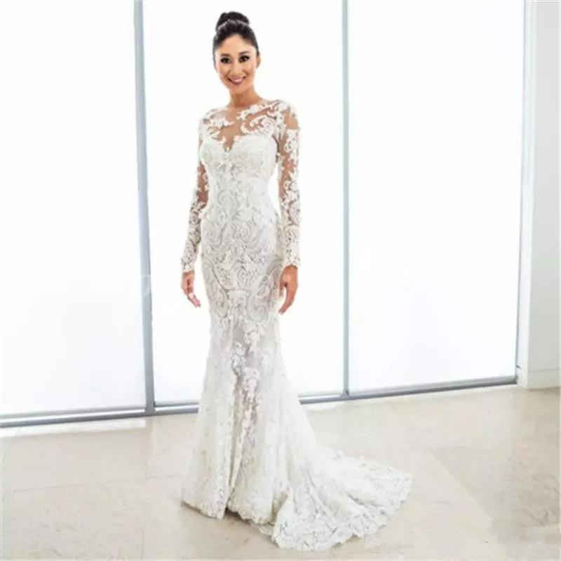 Lace Mermaid Gorgeous Dresses with Tulle Puffy Overskirt Illusion Long Sleeves Custom Wedding Dress Bridal Gowns