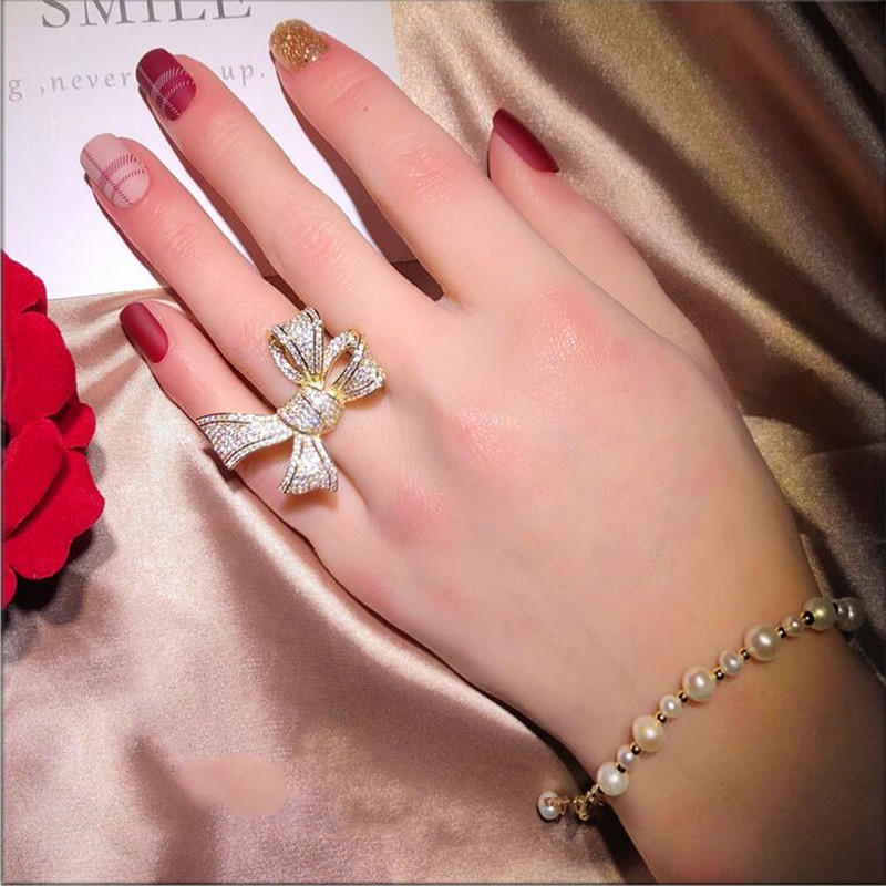 Top Brand Hot Sale Stunning Luxury Jewelry Fine Jewelry 925 Sterling Silver&Gold Fill Pave White Sapphire CZ Diamond Women Wedding Bow Ring