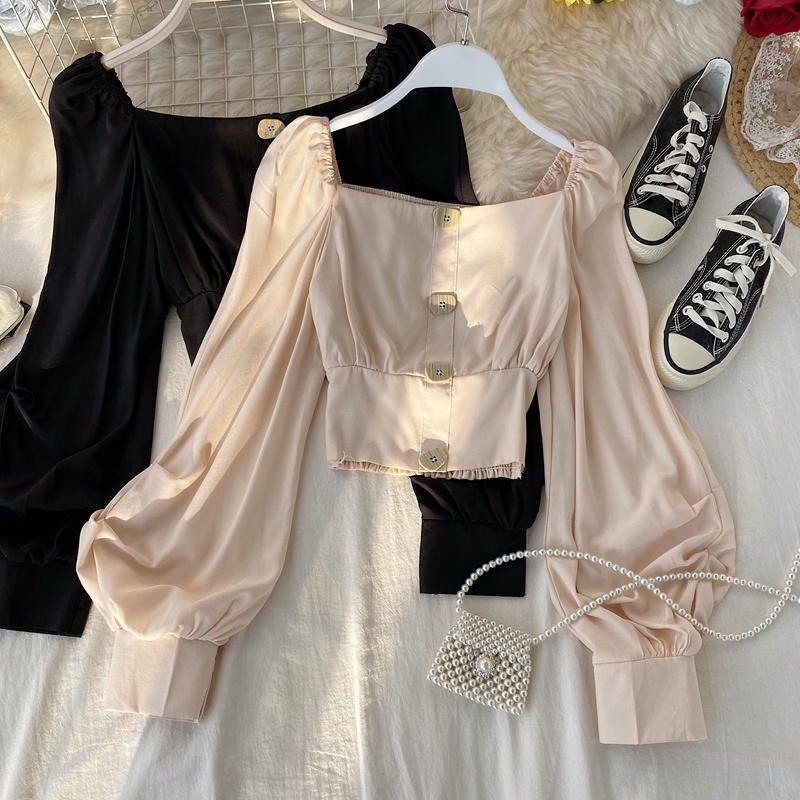 New design womens retro fashion square collar lantern long sleeve single breasted short up-navel high waist blouse shirt tops