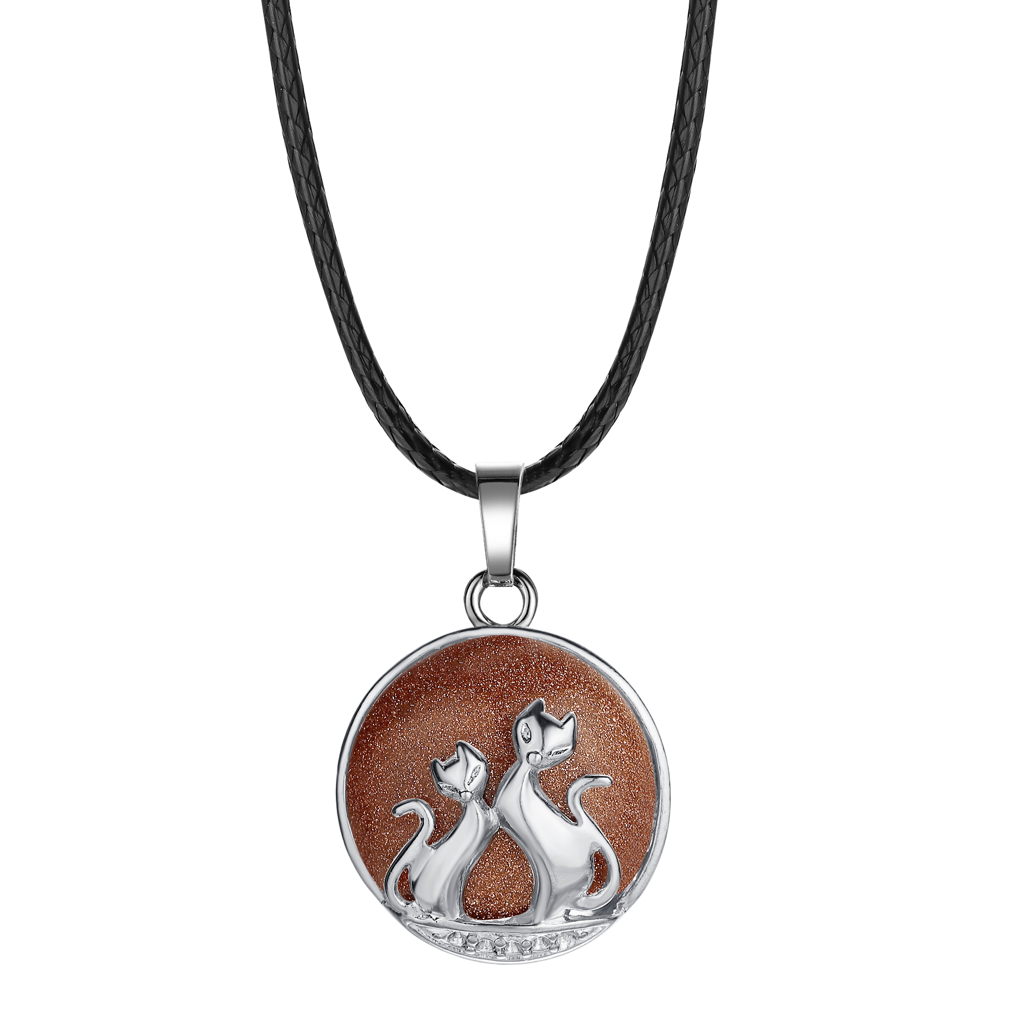 qimoshi Moon couple cat pendant men and women stainless steel healing natural stone round necklace 23x34MM12pcs (send leather rope)