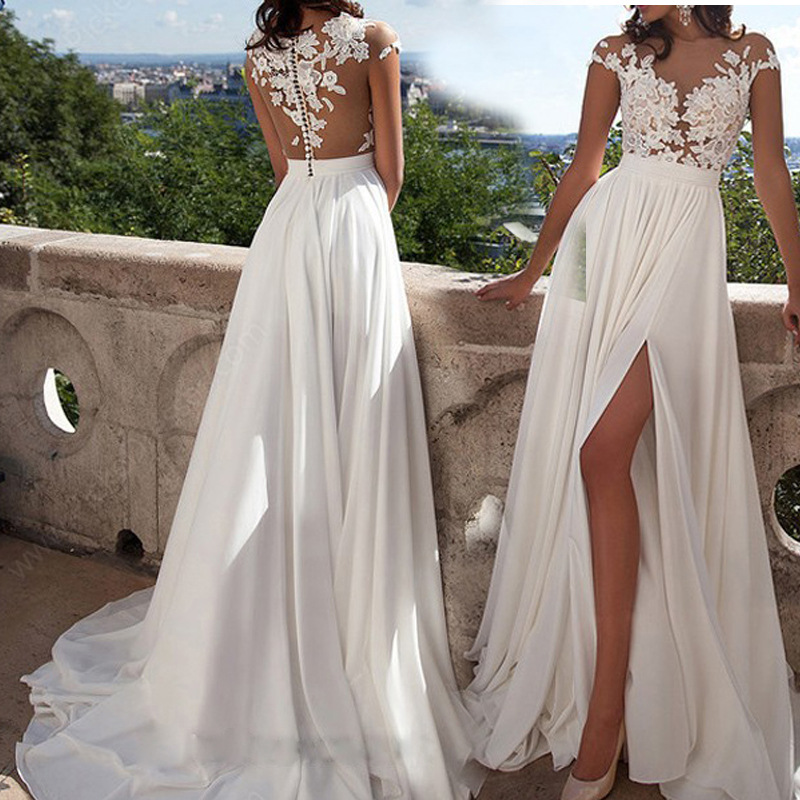 Sexy Sheer Lace Beach Bridal Gowns Appliqued Bohemian Wedding Dresses Capped Sleeves High Split Chiffon Summer Dresses, White
Sexy Sheer Lace Beach Bridal Gowns Appliqued Bohemian Wedding Dresses Capped Sleeves High Split Chiffon Summer Dresses, White