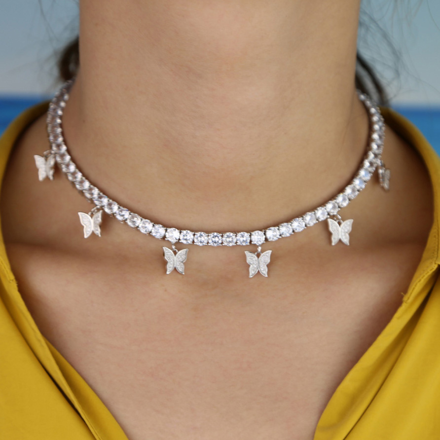 hot selling women hip hop chokers chain butterfly necklace iced out tennis chain micro pave bling pink clear cz punk animal necklace