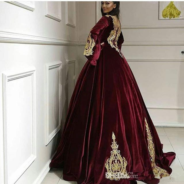 gothic burgundy prom dress velvet long sleeve gold lace appliqued v neck classic arabic celebrity customizable formal evening gowns