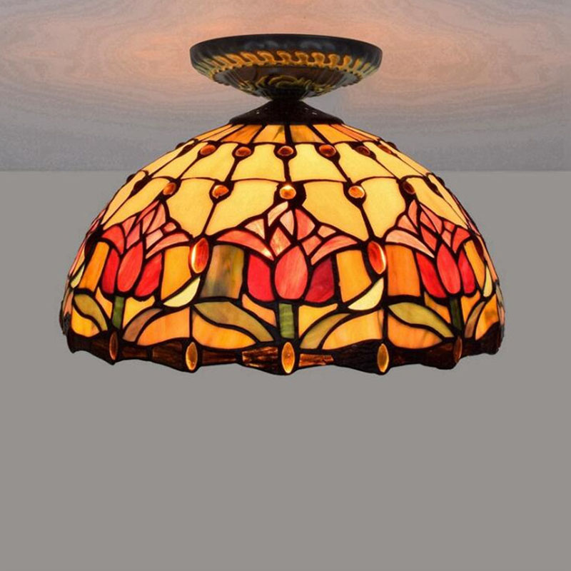 30CM European pastoral red tulip glass lamp Tiffany stained glass dining room bedroom aisle corridor ceiling lamp TF060