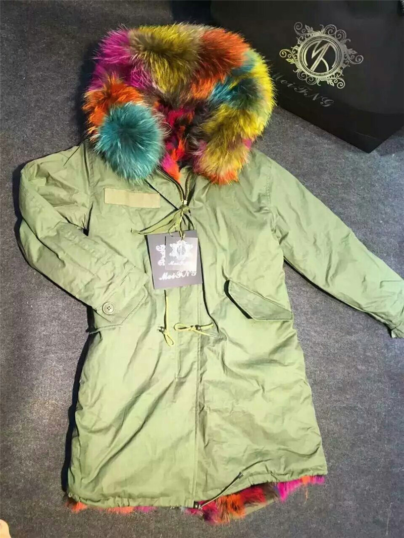Good Meifeng Brand Lavish furs jackets rainbow Artificial fur lining army green canvas long parkas thick snow coats with raccoon fur trim, Multi fur
Good Meifeng Brand Lavish furs jackets rainbow Artificial fur lining army green canvas long parkas thick snow coats with raccoon fur trim, Multi fur