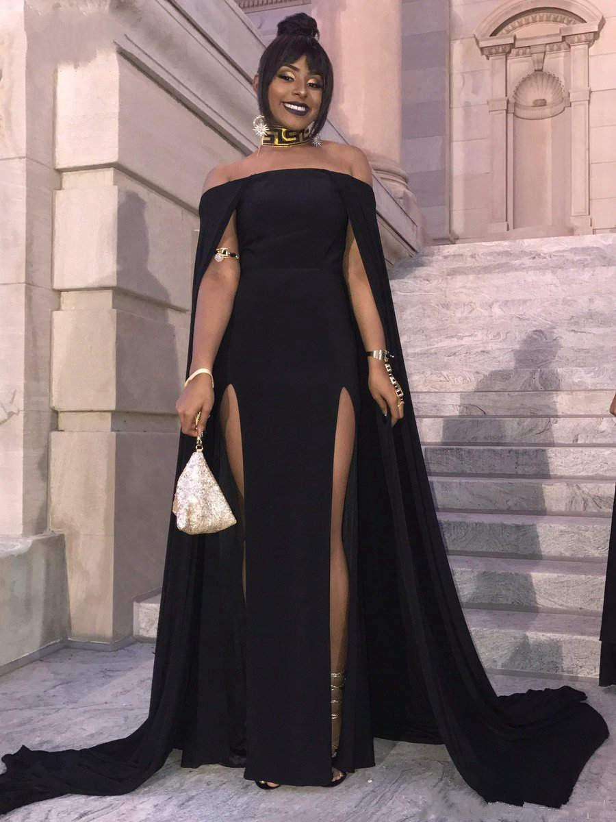 sexy black long prom dresses with cape high side split off the shoulder elegant african party women mermaid evening dress