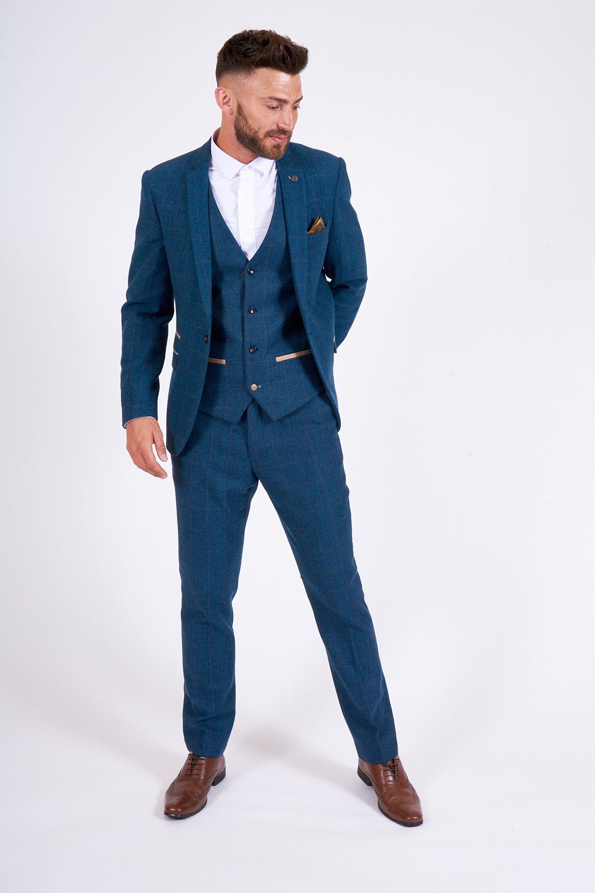 Blue Groom Wedding Tuxedos Tweed Notched Lapel Mens Pants Suits Gold Pocket 3 Pieces Formal Blazer Jackets