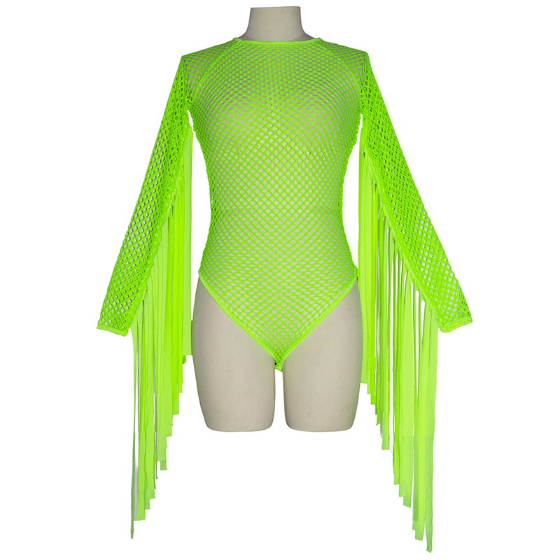 Neon Green Fishnet Grid Tassel Bodysuits Women Long Sleeve See Through Jumpsuit Party Clubwear Rave Festival Clothing Playsuit MX200402