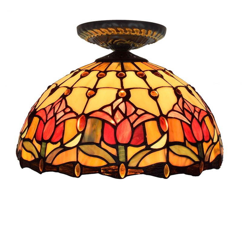 30CM European pastoral red tulip glass lamp Tiffany stained glass dining room bedroom aisle corridor ceiling lamp TF060
