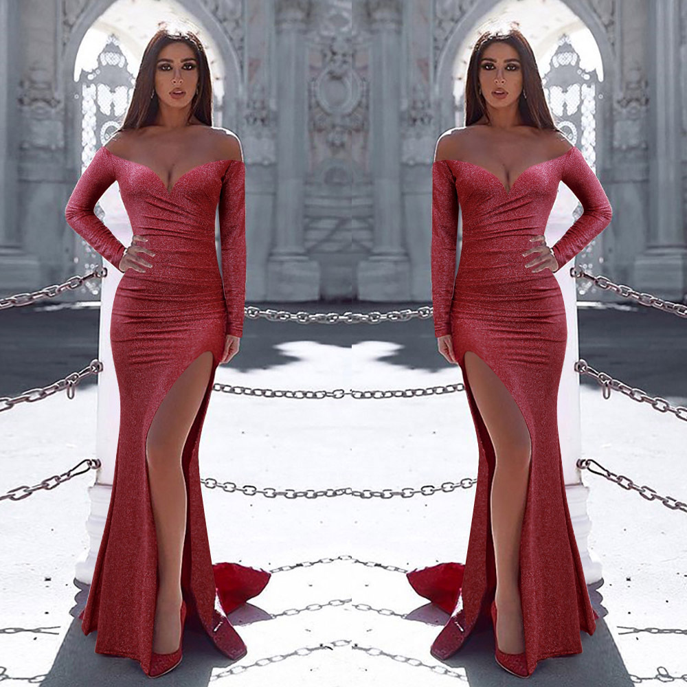 2020 Luxury Long Sleeve Sequined red Mermaid Prom Dresses high split Sexy Sheer Jewel Neck Evening Wear Beads Celebrity Prom Gowns