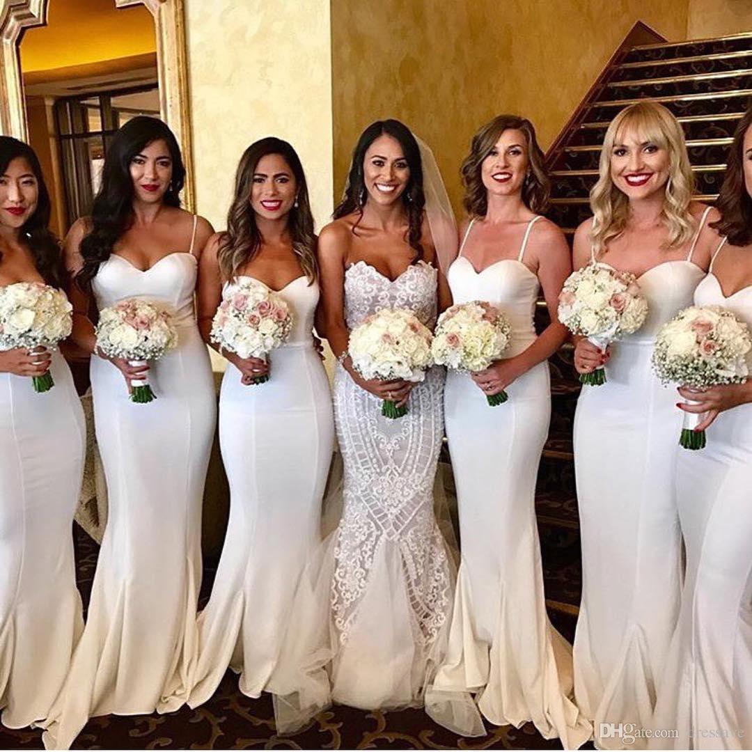 White Spaghetti Straps Satin Mermaid Bridesmaid Dresses Ruched Sweep Train Wedding Guest Maid of Honor Dresses