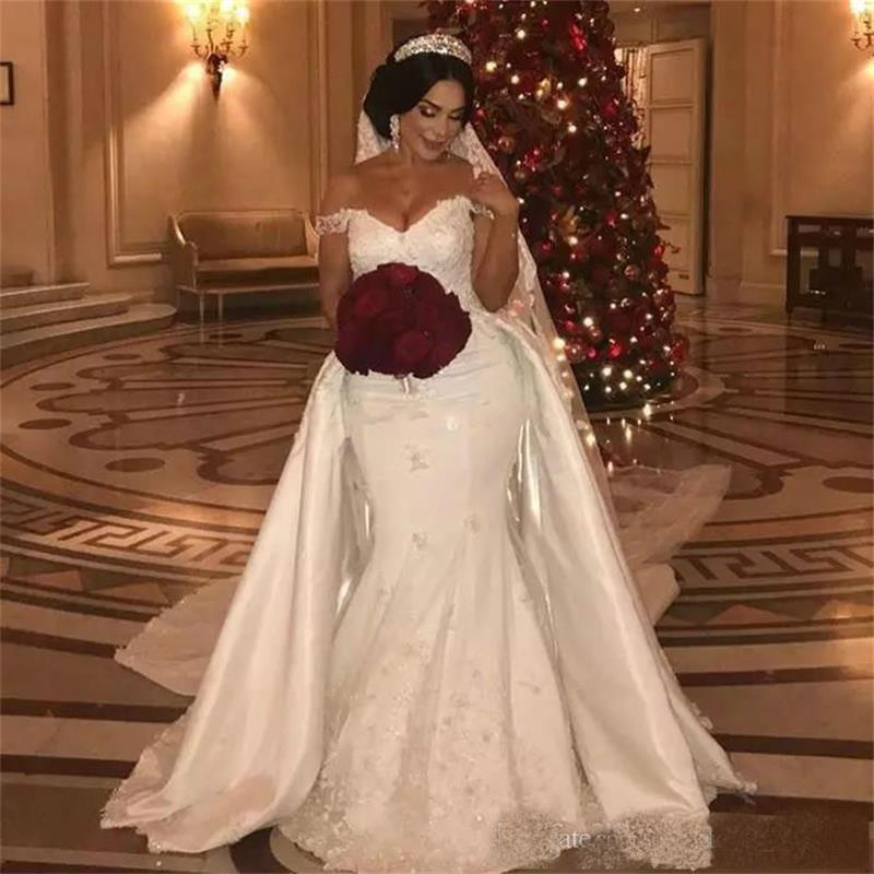 2019 Plus Size Mermaid Wedding Dresses With Detachable Train Off Shoulder Lace Beaded Bridal Gowns Vintage Wedding Dress Custom Made