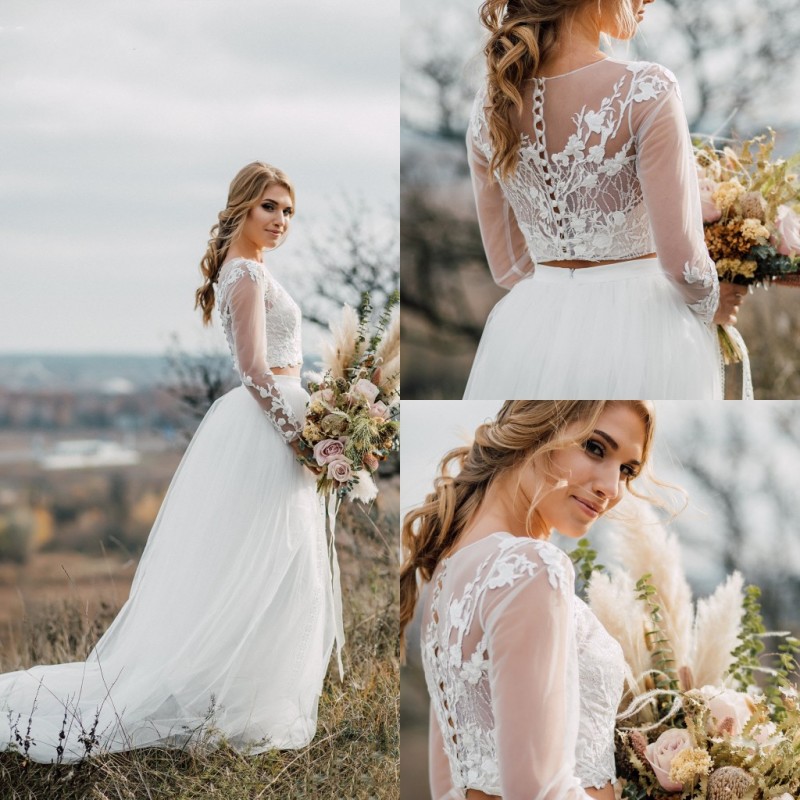 Chic Two Pieces Wedding Dresses Lace Appliqued Long Sleeve Bohemian Beach Bridal Gowns Boho Sexy 2019 Tulle A Line Wedding Dress