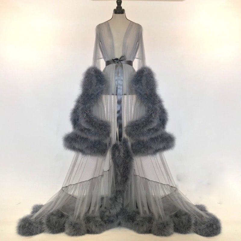 Luxury Fur Bride Sleepwear Robes Custom Made Sheer Long Sleeves Women Sexy Sleepwear Dresses Floor Length