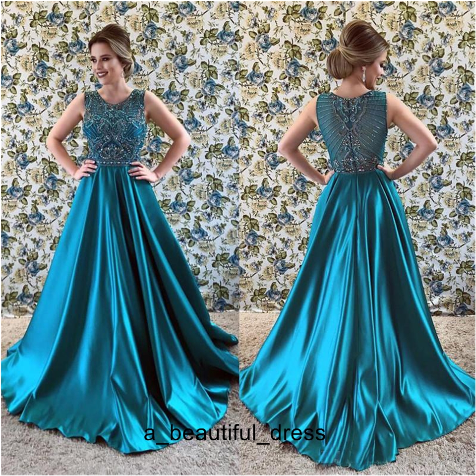 Teal Green A-line Prom Dresses Sexy Jewel Satin Long With Sparkly Crystals Beaded Bodice Occasion Evening Dresses gown From Wear ED1128