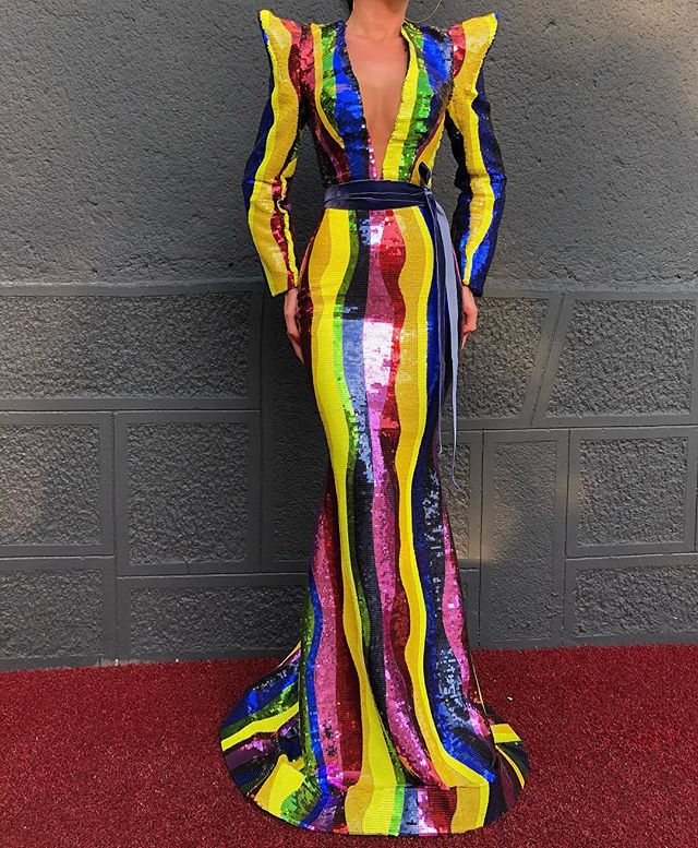 Colorful Sparkly stripe Sequins Mermaid Prom Pageant Dresses 2020 Modern V-neck Full length Winter Party Long Sleeve Evening Wear Dress