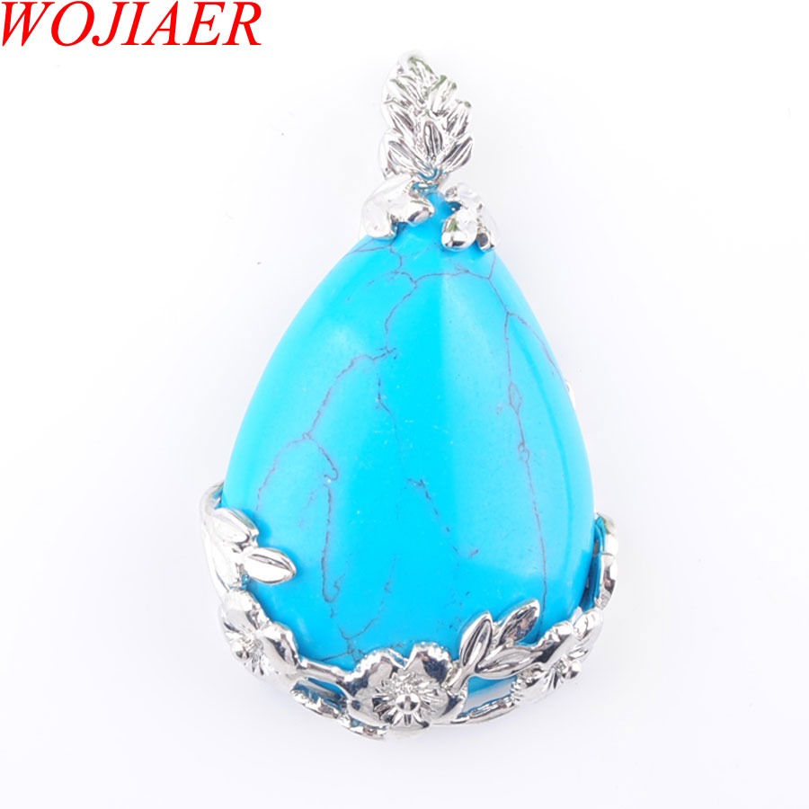 WOJIAER Men Woman Jewelry Reiki Chakra Pendant Natural Tigers Eye Opal Gem Stone Water Drop Silver Plated Bead DBN350